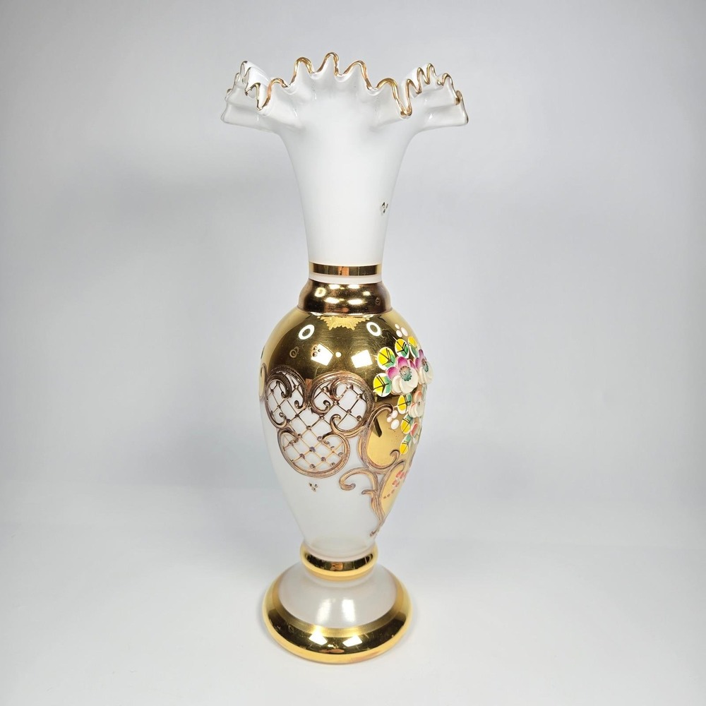 Vintage Bohemian Czech Gold Gilt Raised Enamel Hand-painted Vase Urn Ruffled 10" - Picture 5 of 11